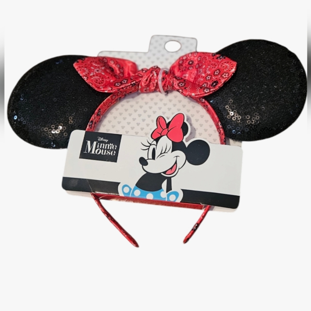 Disney Headband Minnie Mouse Sequin Ears Bandanna Bow Red Black